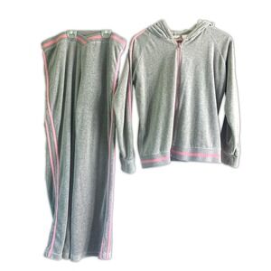VTG Fashion Bug Hooded Velour Track Suit Gray Pink Double Stripe Y2K Jacket 2 Sz